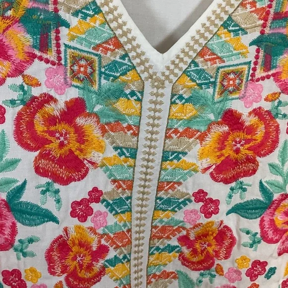 Savanna Jane V-Neck Blouse with Floral Embroidery - White and Pink Plus 1X - Picture 3 of 14